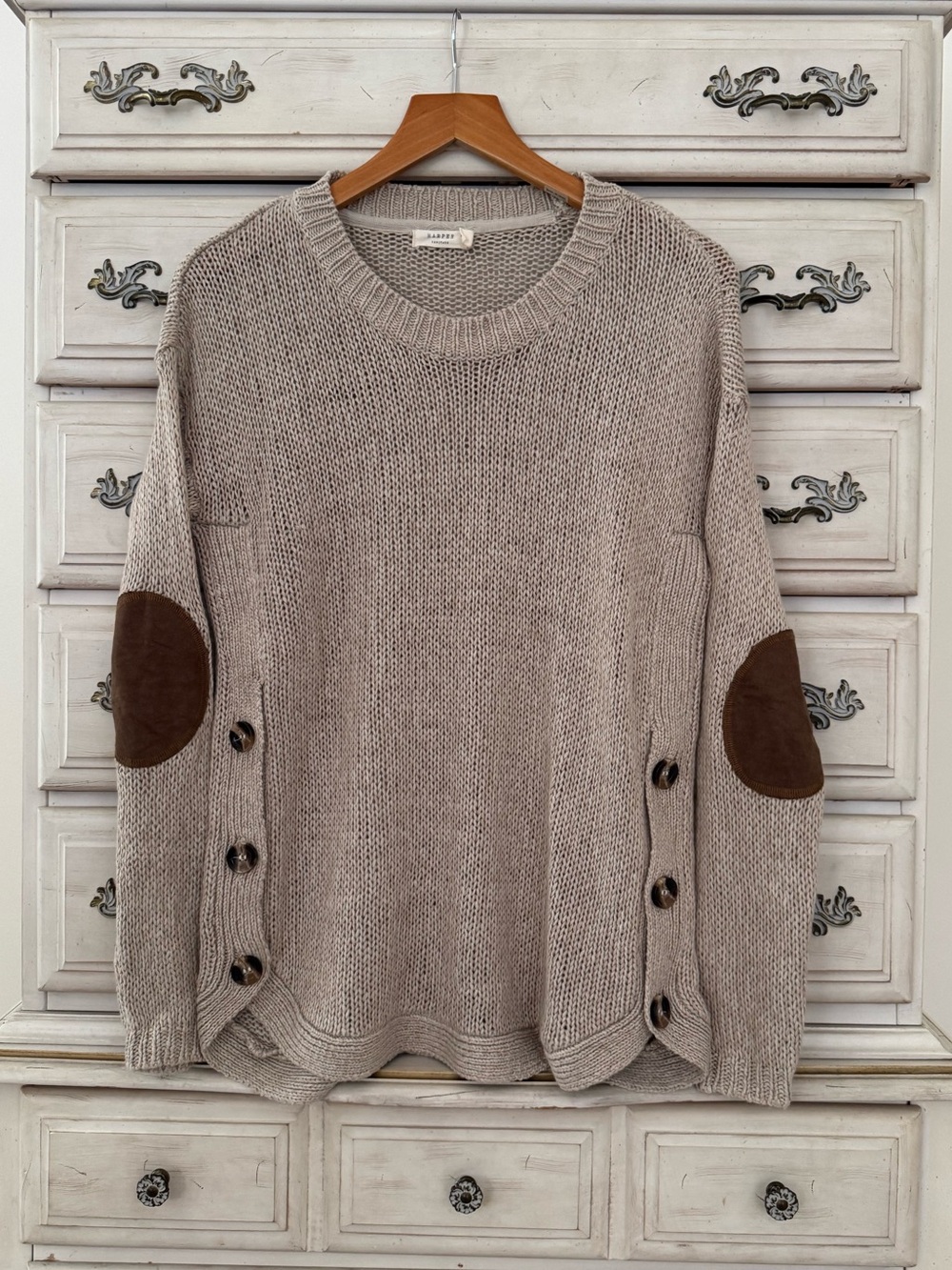 Beige Elbow Patch Button Sweater